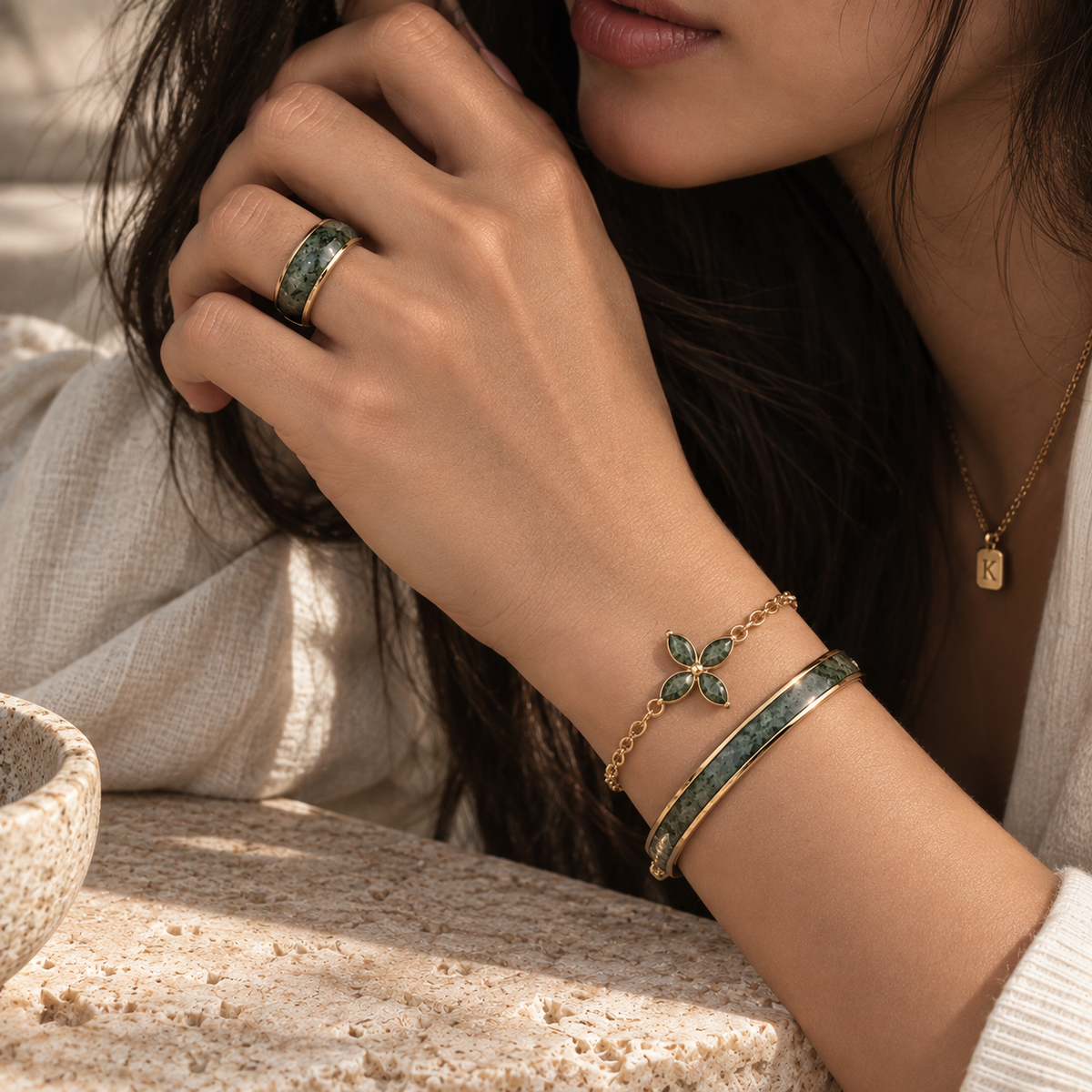 Moss Agate Inlay Domed Band