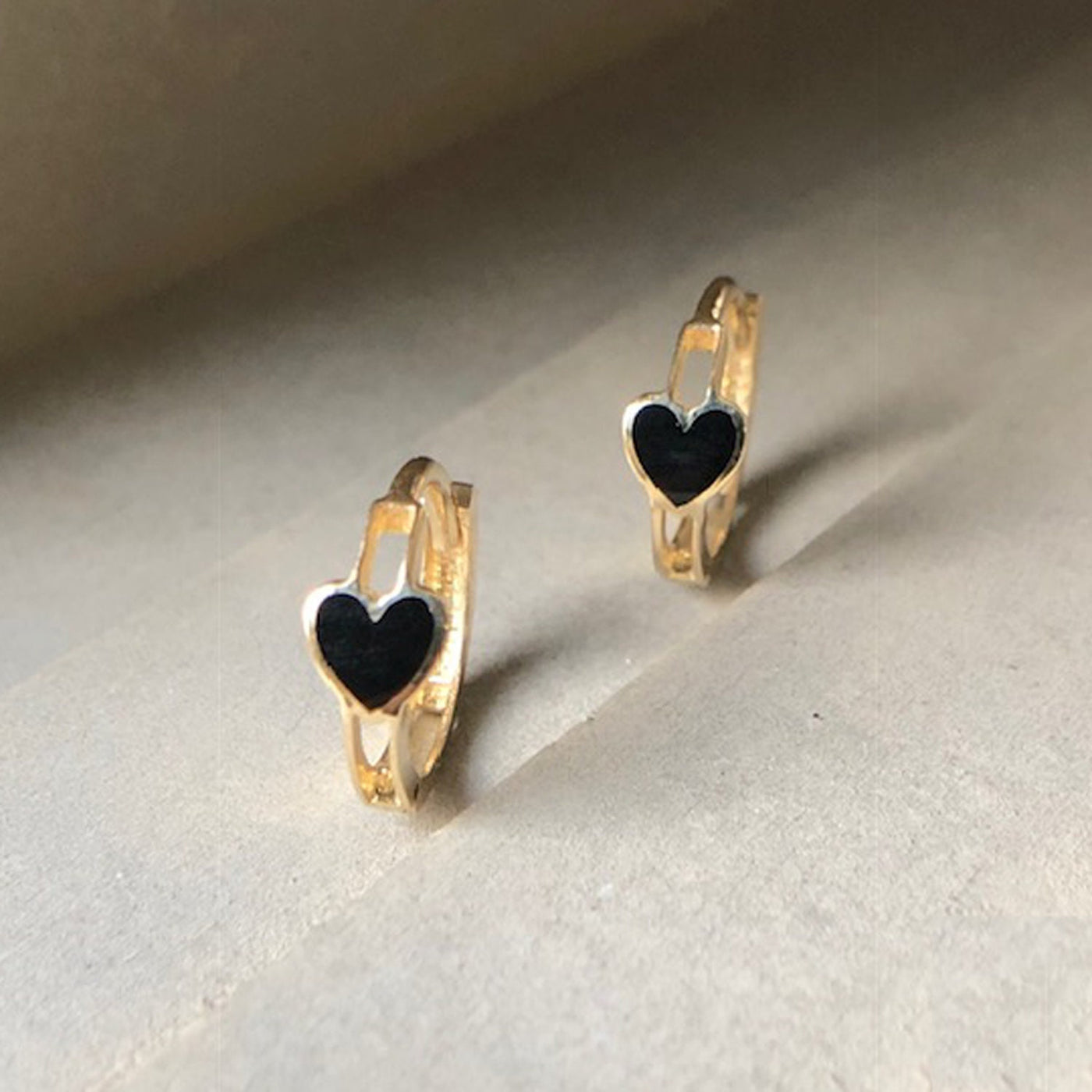 Black Onyx Heart Huggies/Hoops/Earrings in 14K Solid Gold