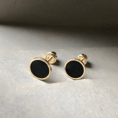 Black Onyx Circle Earrings • Onyx Noir Round Earrings • 14K Solid Gold Border