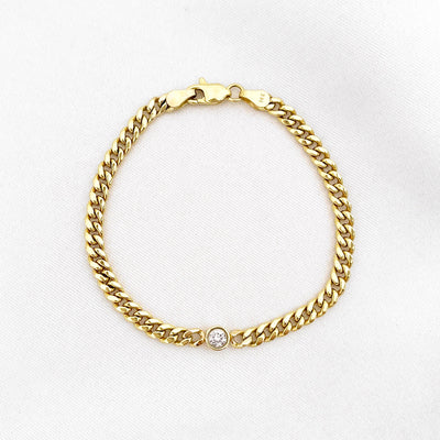 14K Gold Round Bezel Cuban Link Chain Bracelet