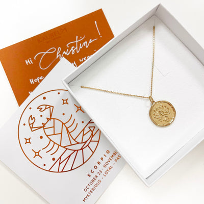 Scorpio Zodiac Medallion Necklace with Scalloped Edge