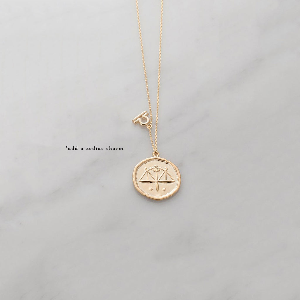 Libra Zodiac Medallion Necklace with Scalloped Edge