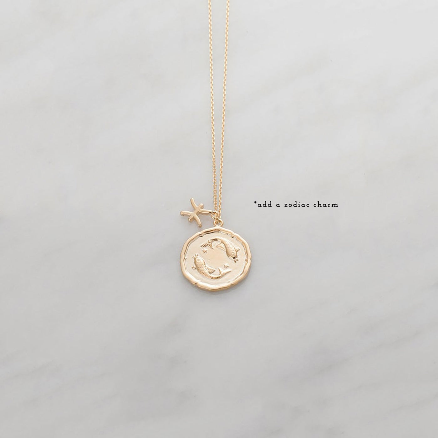 Pisces Zodiac Medallion Necklace with Scalloped Edge