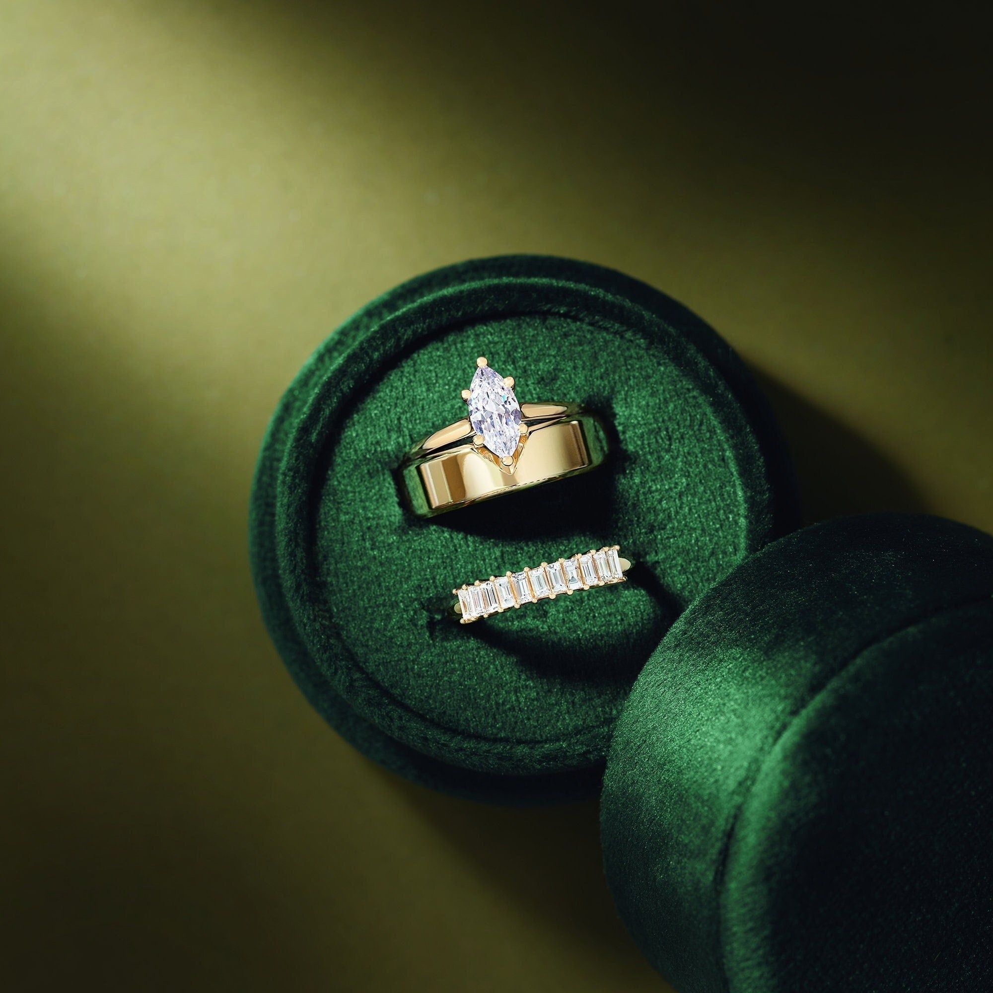 Solitaire Marquise Diamond, Notched Cigar Band & Baguette Diamond Band Set