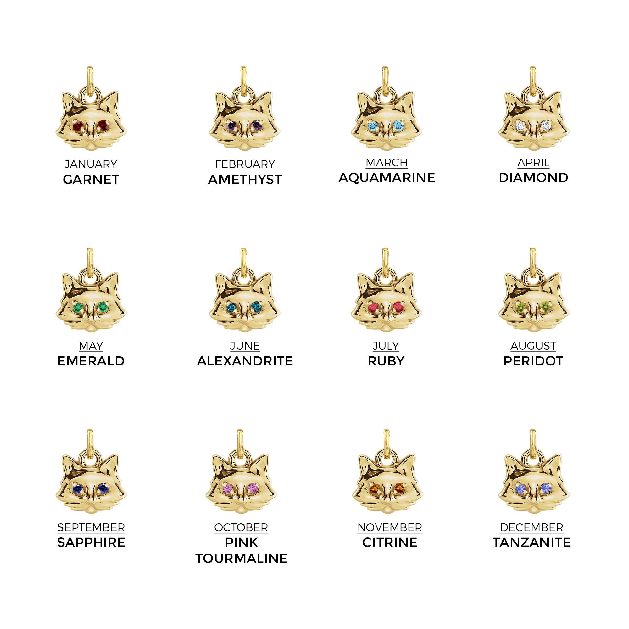 Biggie Starry-Eyed Kitty Charm ⟡ Enchanting Gemstone Cat Eyes Charm Pendant: Birthstone Dangle for Necklaces & Jewelry
