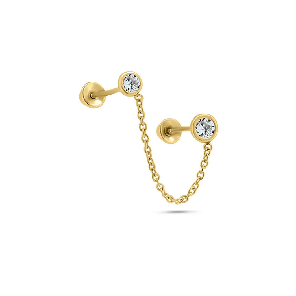 Double Piercing Bezel Stud Earring with Chain in 14K Solid Gold (single)