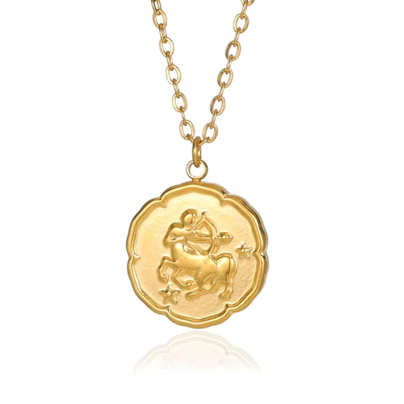 Sagittarius Zodiac Medallion Necklace with Scalloped Edge