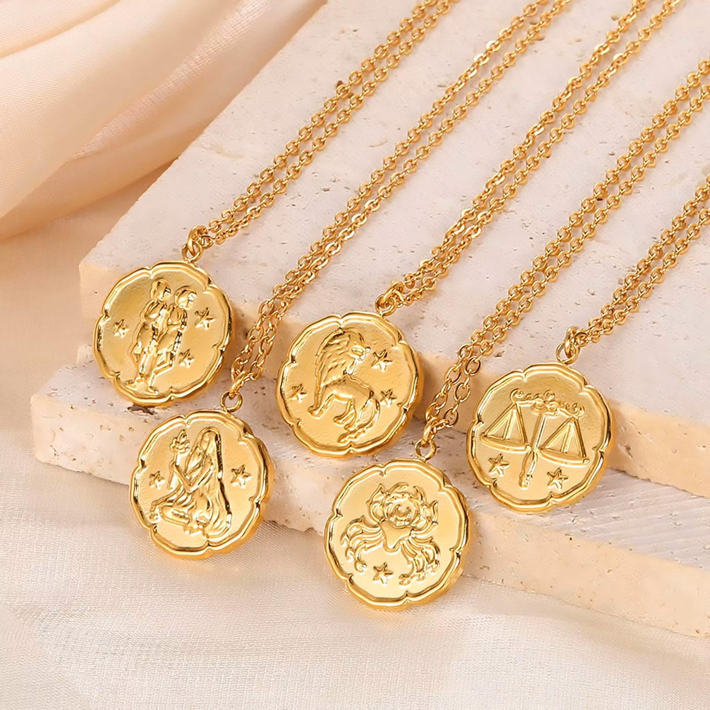 Leo Zodiac Medallion Necklace with Scalloped Edge