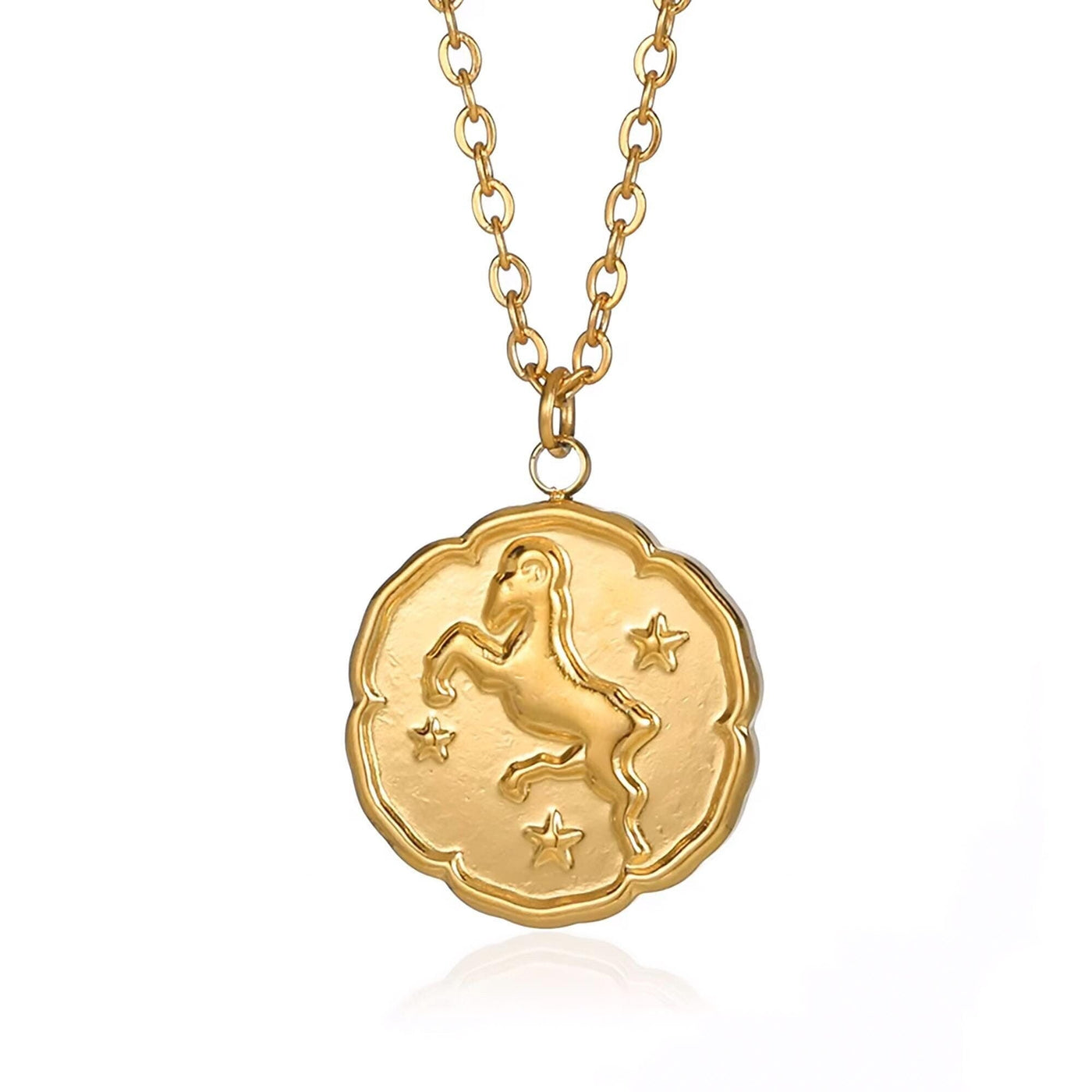 Aries Zodiac Medallion Necklace with Scalloped Edge