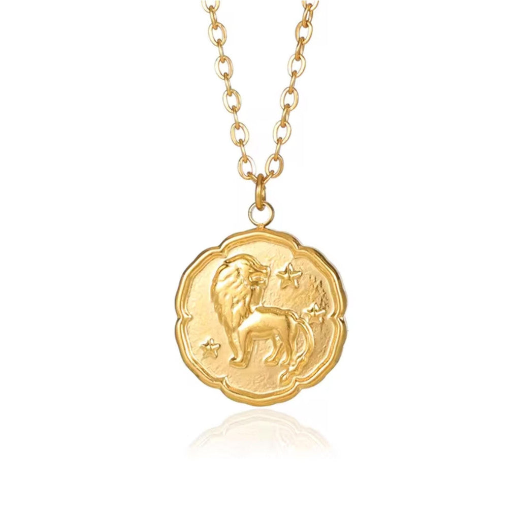 Leo Zodiac Medallion Necklace with Scalloped Edge