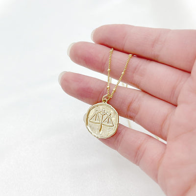 Libra Zodiac Medallion Necklace with Scalloped Edge