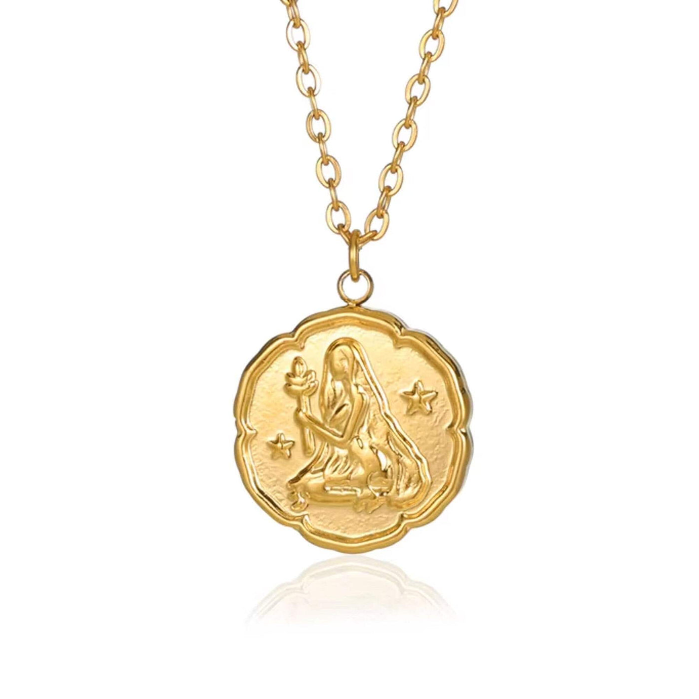 Virgo Zodiac Medallion Necklace with Scalloped Edge