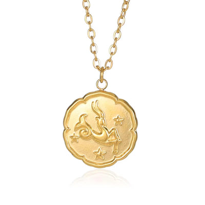 Capricorn Zodiac Medallion Necklace with Scalloped Edge