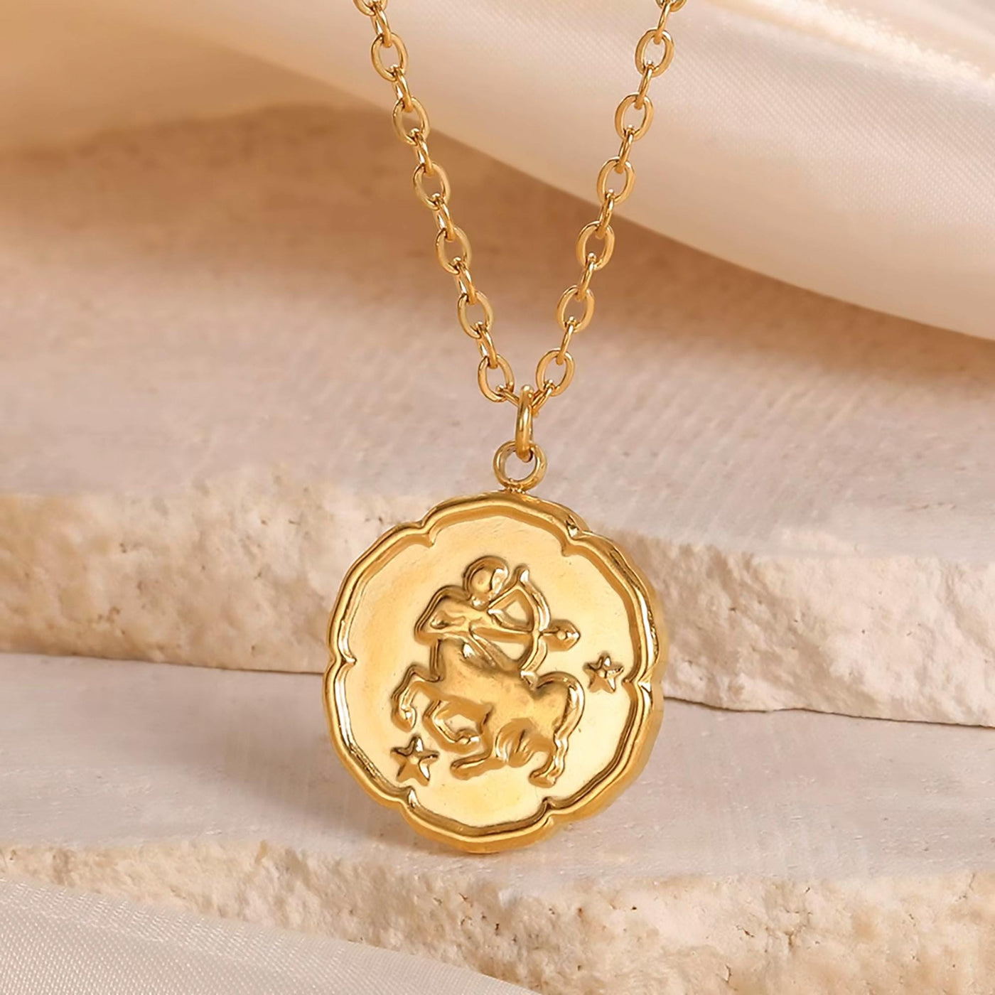 Sagittarius Zodiac Medallion Necklace with Scalloped Edge