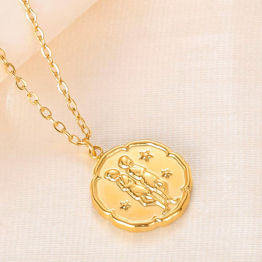 Gemini Zodiac Medallion Necklace with Scalloped Edge