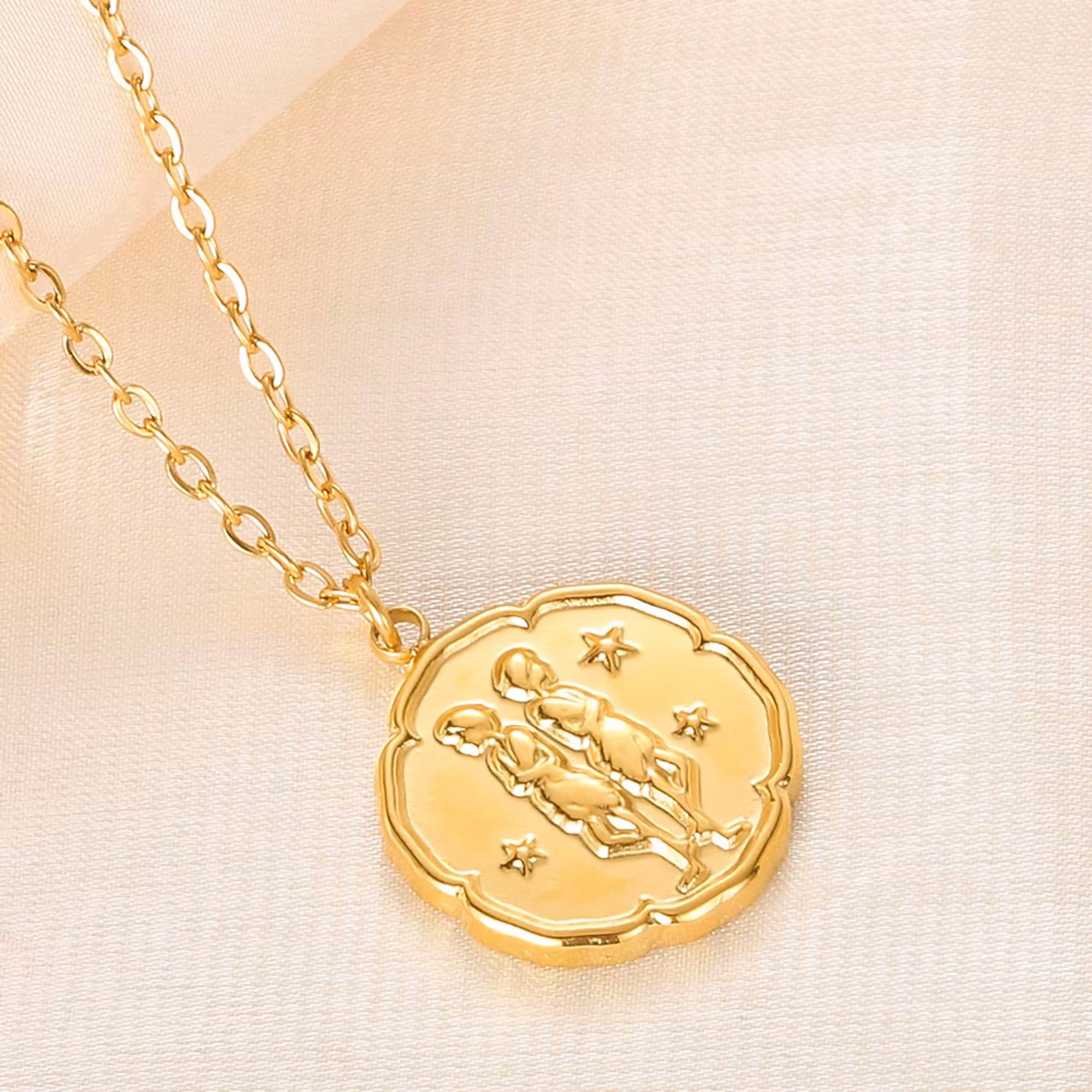 Gemini Zodiac Medallion Necklace with Scalloped Edge