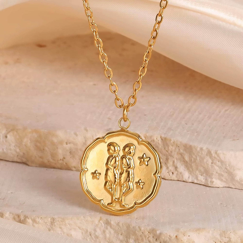 Gemini Zodiac Medallion Necklace with Scalloped Edge