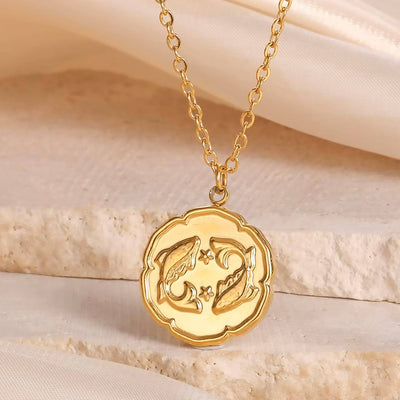 Pisces Zodiac Medallion Necklace with Scalloped Edge