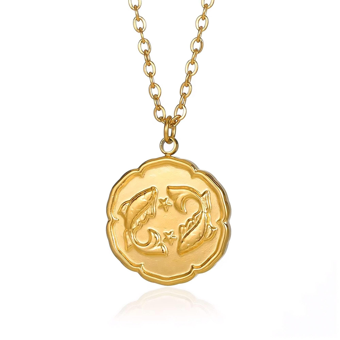 Pisces Zodiac Medallion Necklace with Scalloped Edge