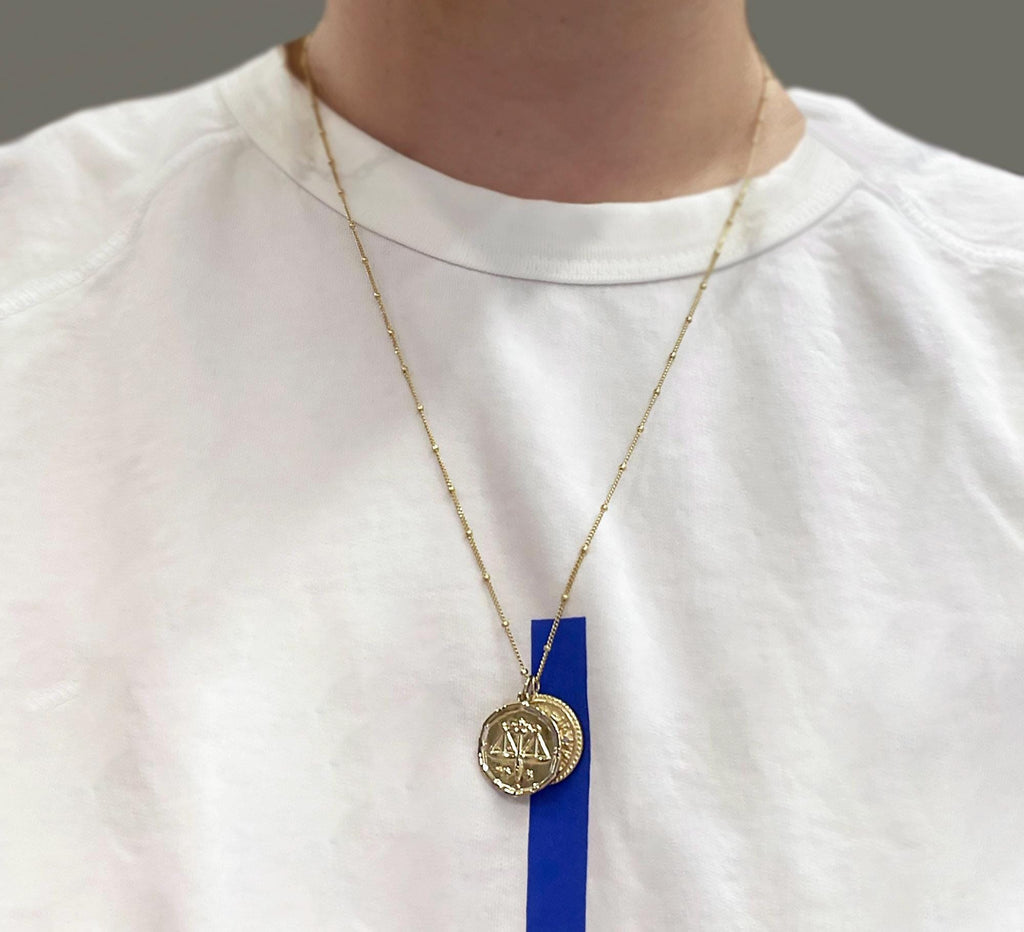 Libra Zodiac Medallion Necklace with Scalloped Edge