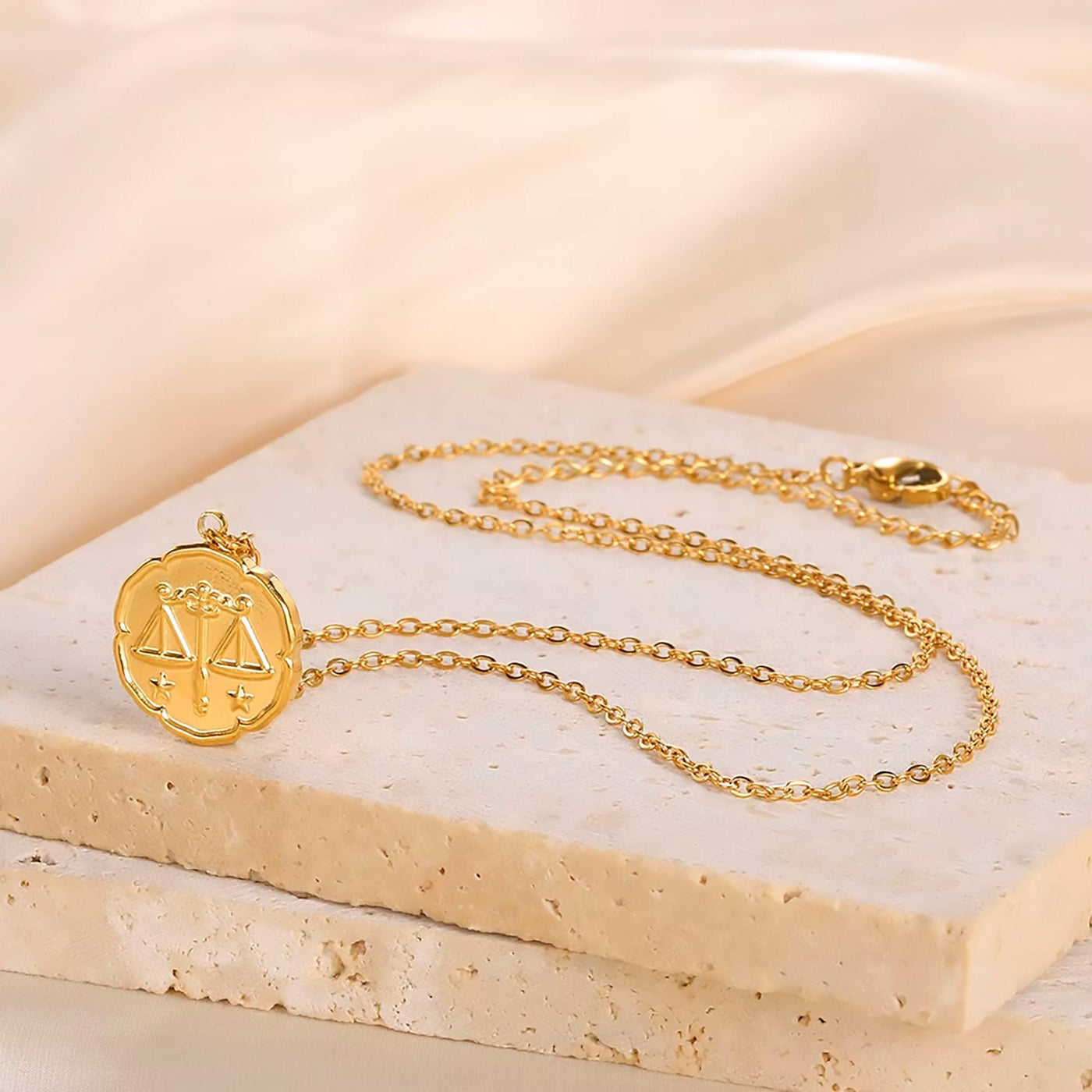 Libra Zodiac Medallion Necklace with Scalloped Edge