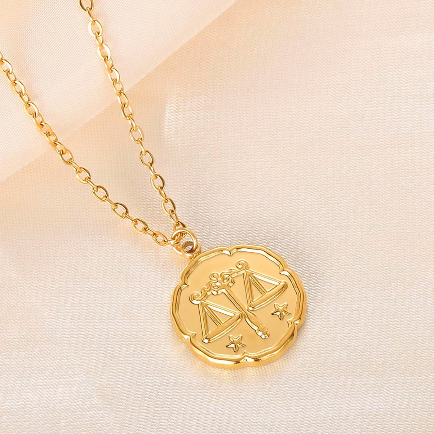 Libra Zodiac Medallion Necklace with Scalloped Edge