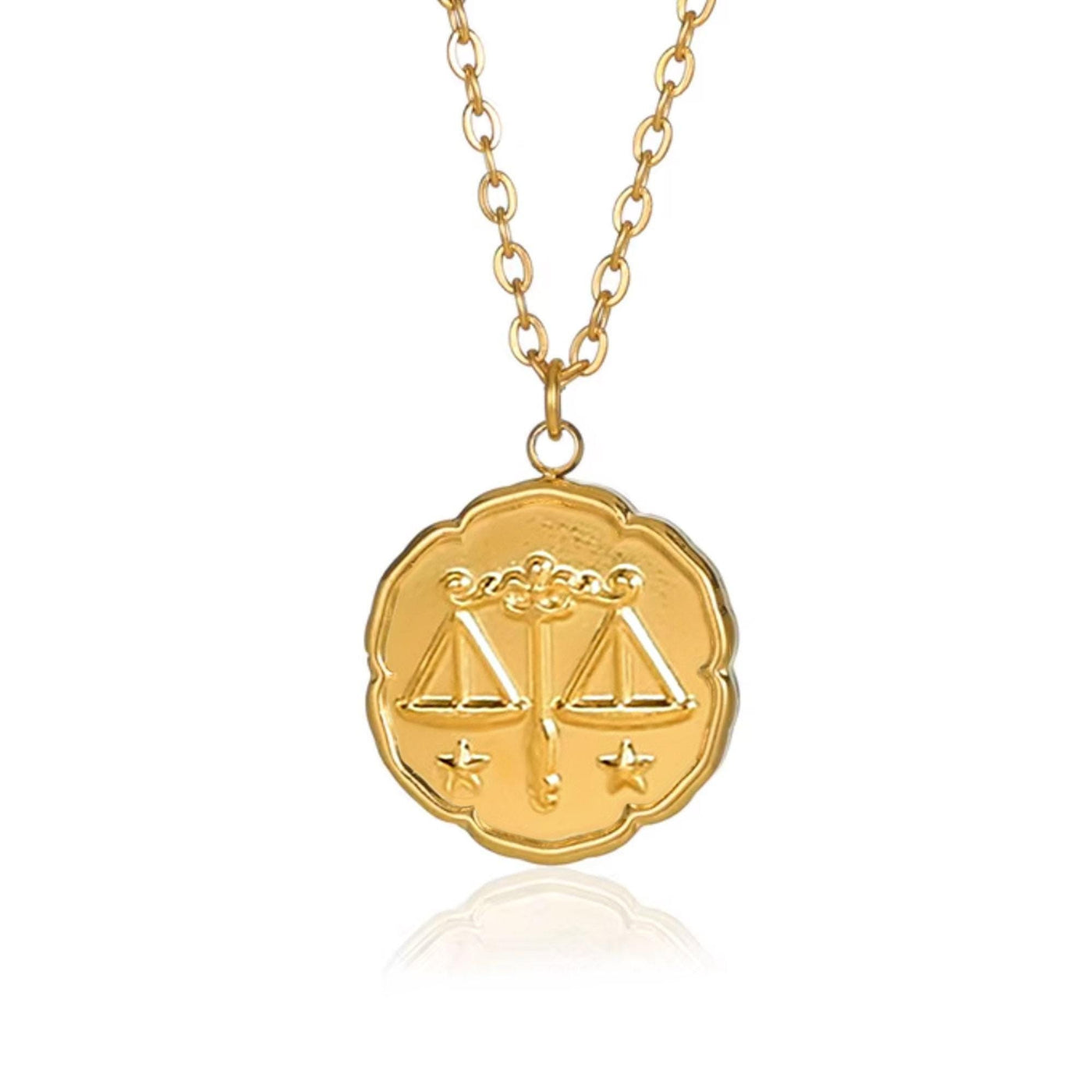 Libra Zodiac Medallion Necklace with Scalloped Edge