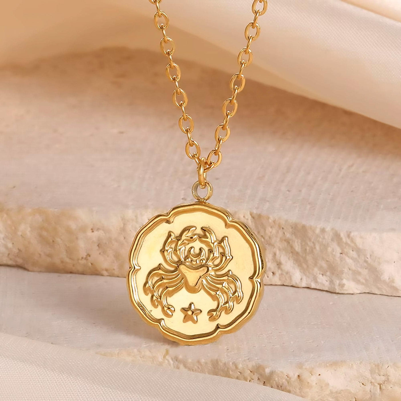 Cancer Zodiac Medallion Necklace with Scalloped Edge