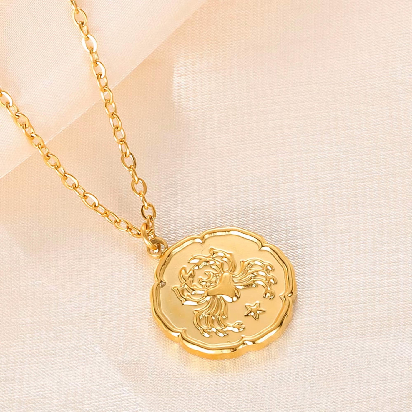 Cancer Zodiac Medallion Necklace with Scalloped Edge