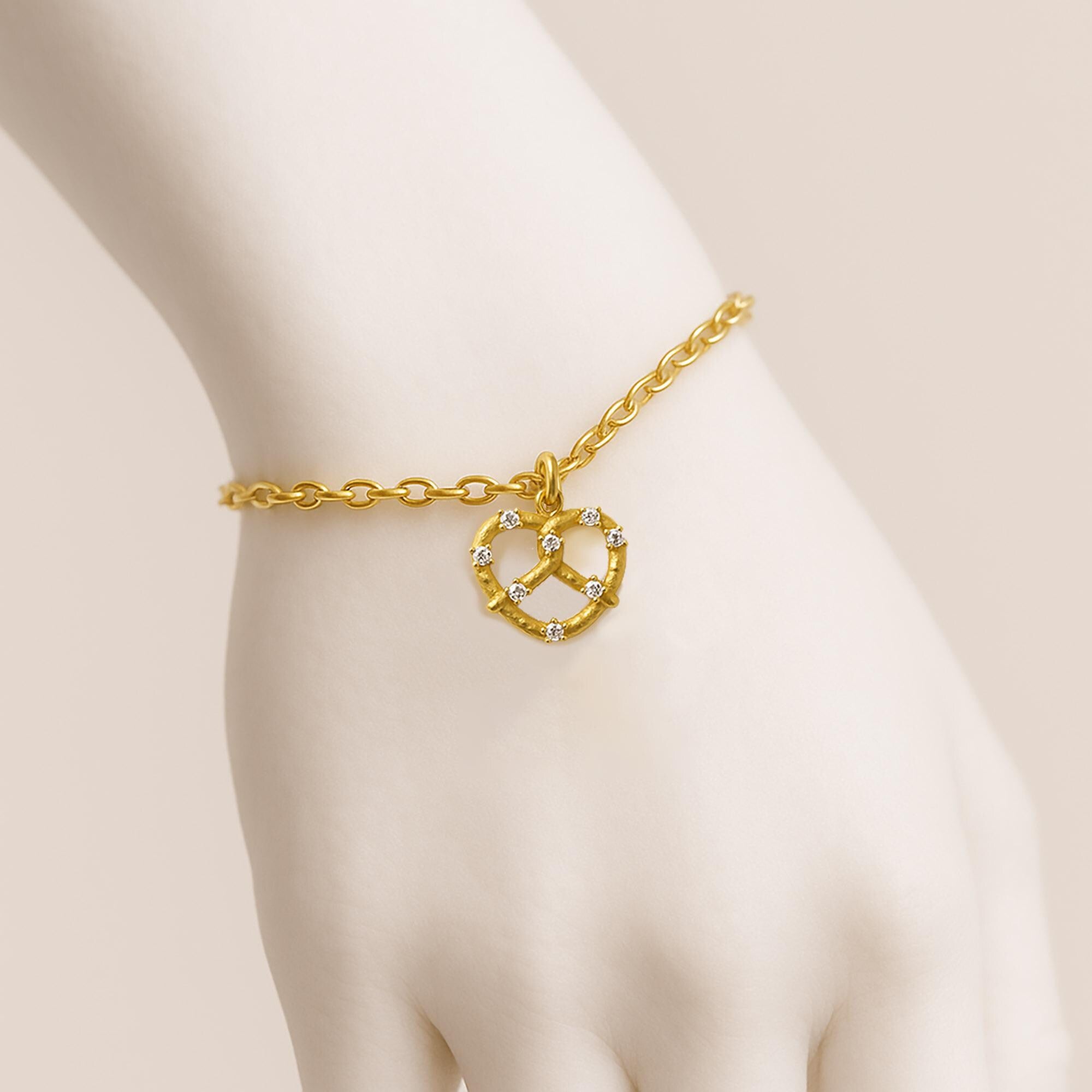 Diamond "Salted" Pretzel Charm, Whimsical Pretzel Twist Charm: Dainty Gold or Silver Food-Inspired Jewelry for Everyday Wear