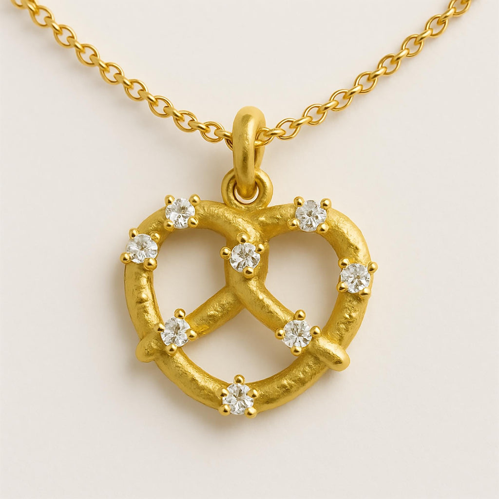 Diamond "Salted" Pretzel Charm, Whimsical Pretzel Twist Charm: Dainty Gold or Silver Food-Inspired Jewelry for Everyday Wear