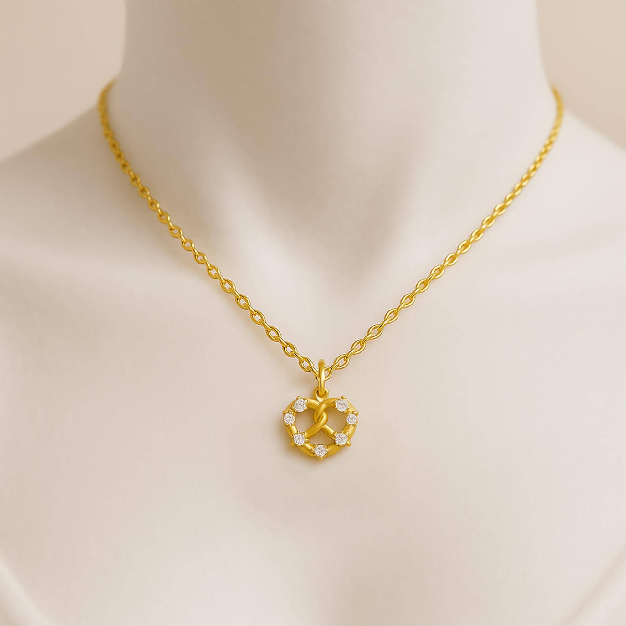 Diamond "Salted" Pretzel Charm, Whimsical Pretzel Twist Charm: Dainty Gold or Silver Food-Inspired Jewelry for Everyday Wear