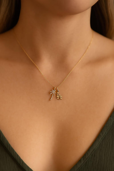 PETITE LA & Palm Tree Necklace ⟡ Los Angeles Palm Tree Necklace - Dainty Charm Pendant for Dodgers Fans and LA Lovers