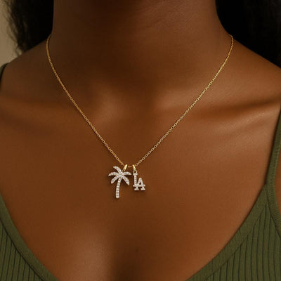 PETITE LA & Palm Tree Necklace ⟡ Los Angeles Palm Tree Necklace - Dainty Charm Pendant for Dodgers Fans and LA Lovers
