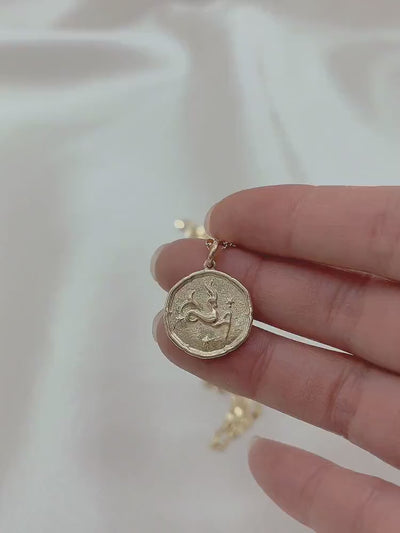 Capricorn Zodiac Medallion Necklace with Scalloped Edge