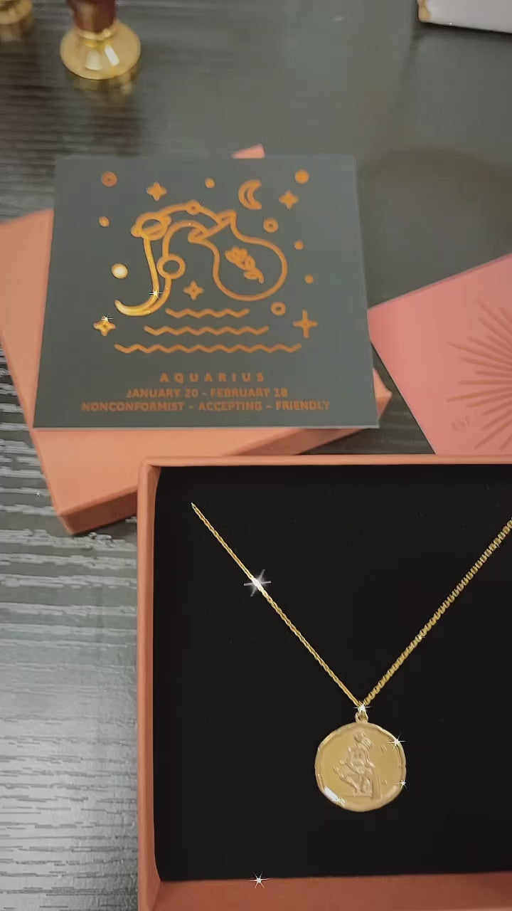 Aquarius Zodiac Medallion Necklace with Scalloped Edge