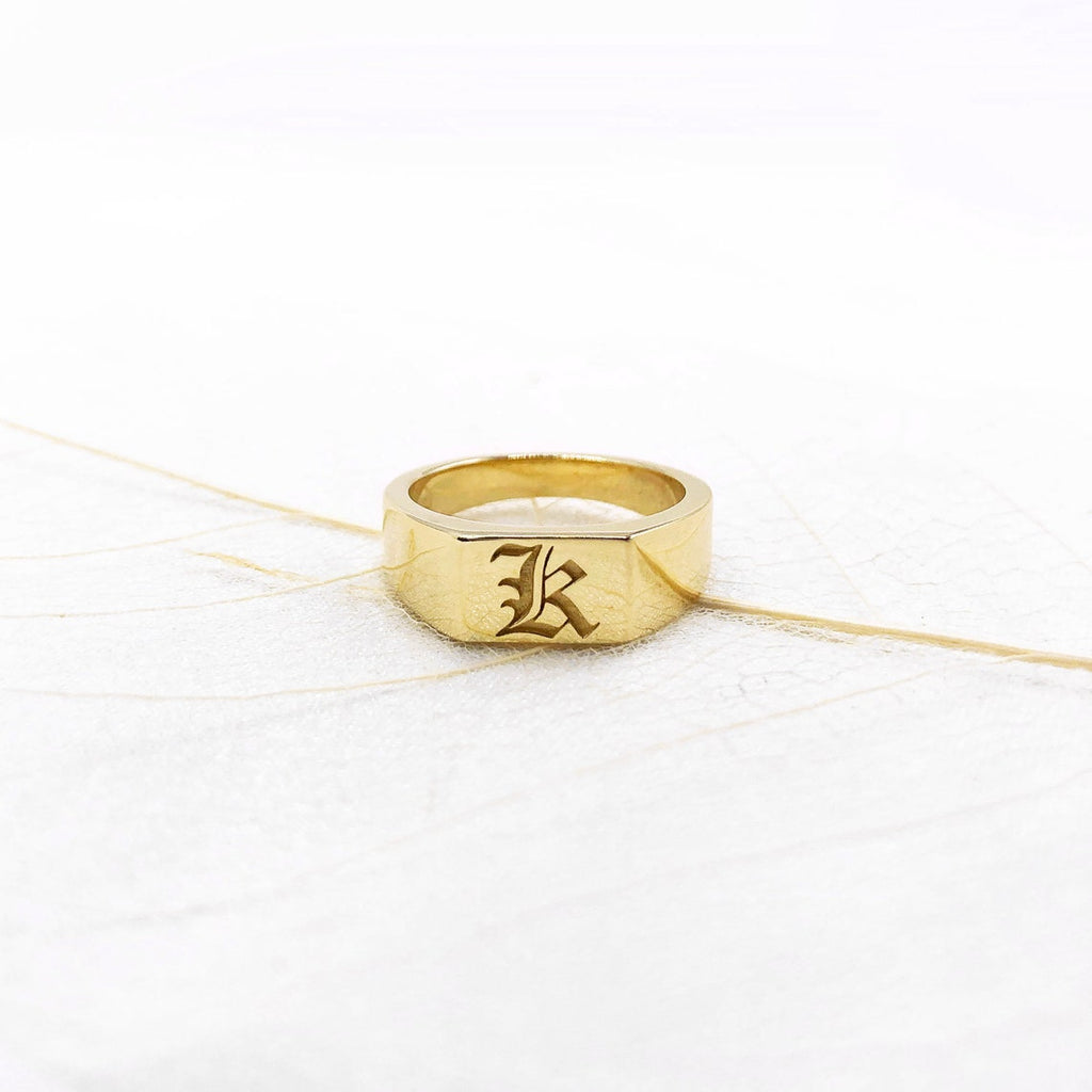 14K Solid Gold Old English Initial Signet Ring
