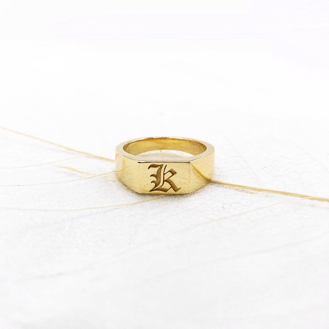 14K Solid Gold Old English Initial Signet Ring