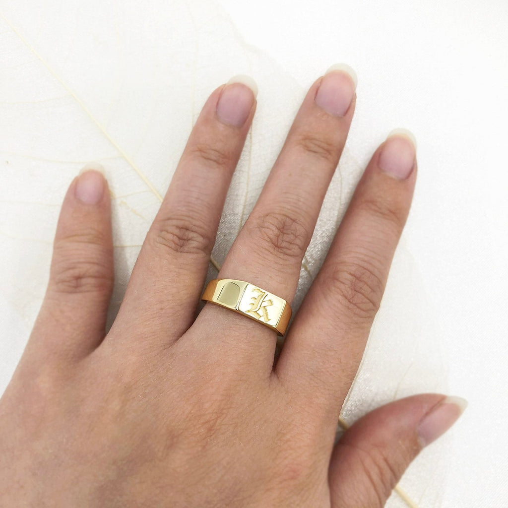 14K Solid Gold Old English Initial Signet Ring