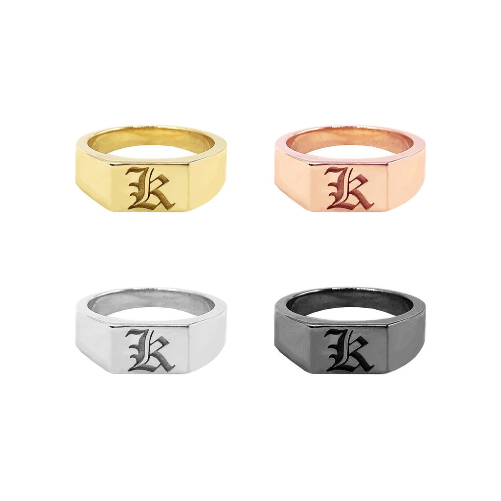 14K Solid Gold Old English Initial Signet Ring