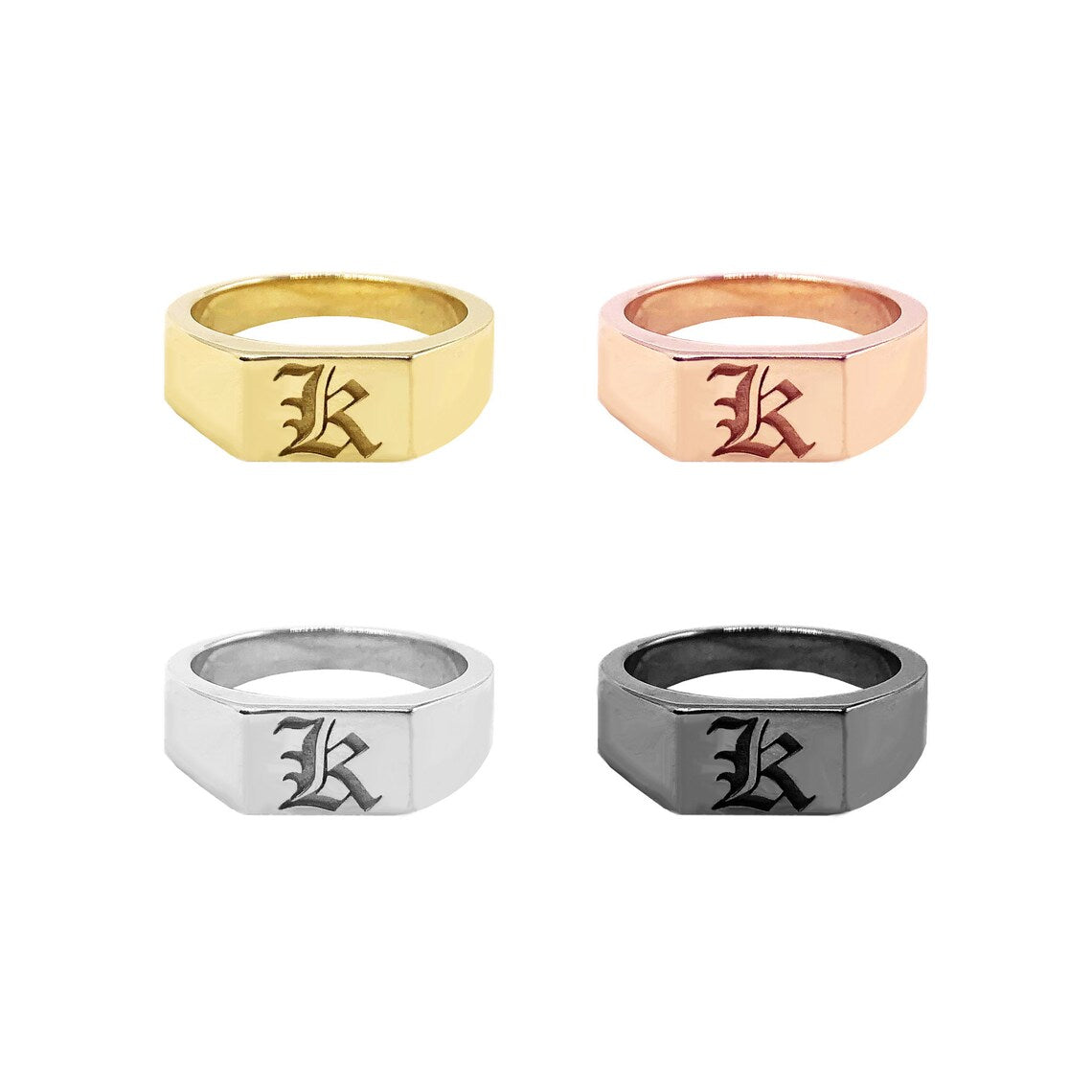 14K Solid Gold Old English Initial Signet Ring