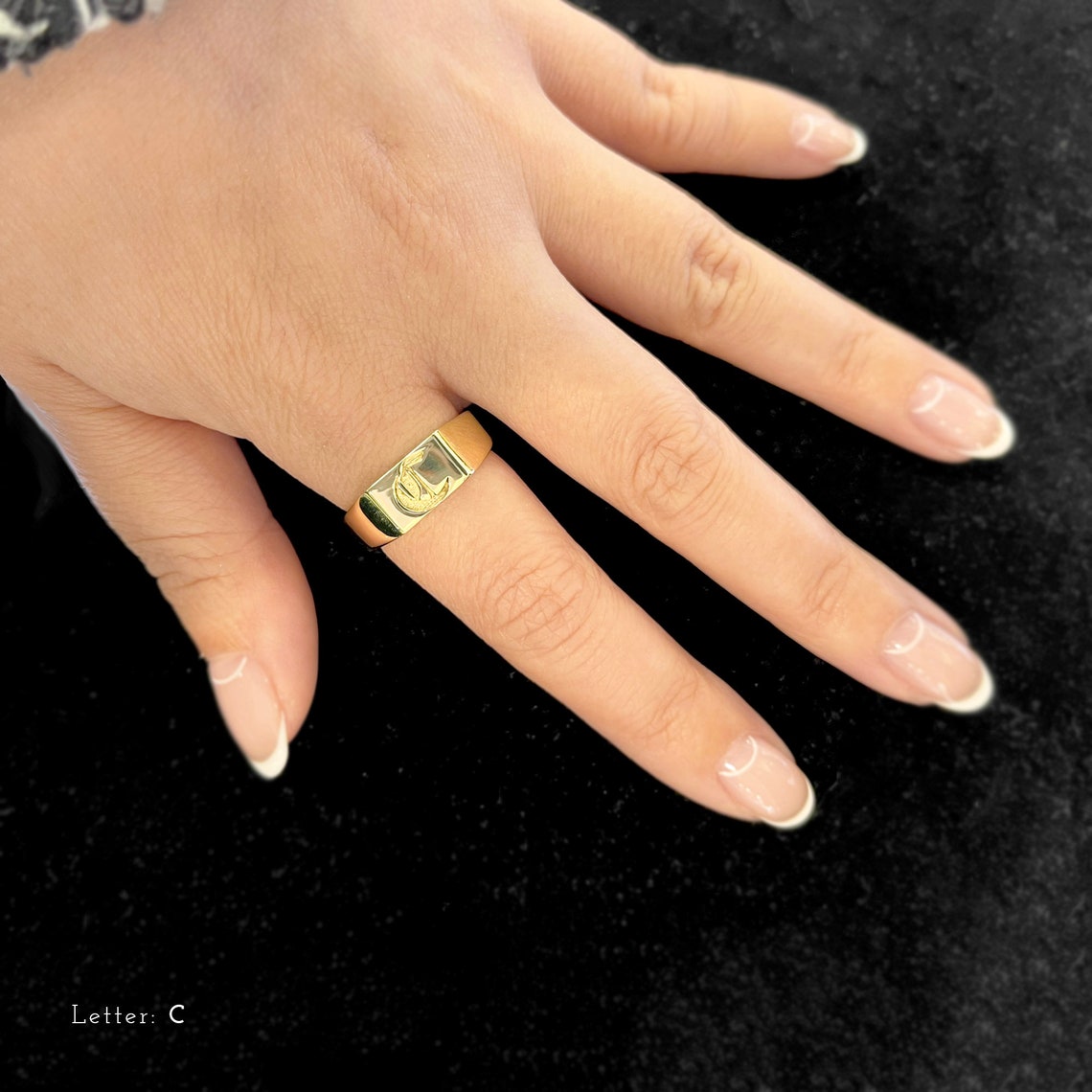 14K Solid Gold Old English Initial Signet Ring
