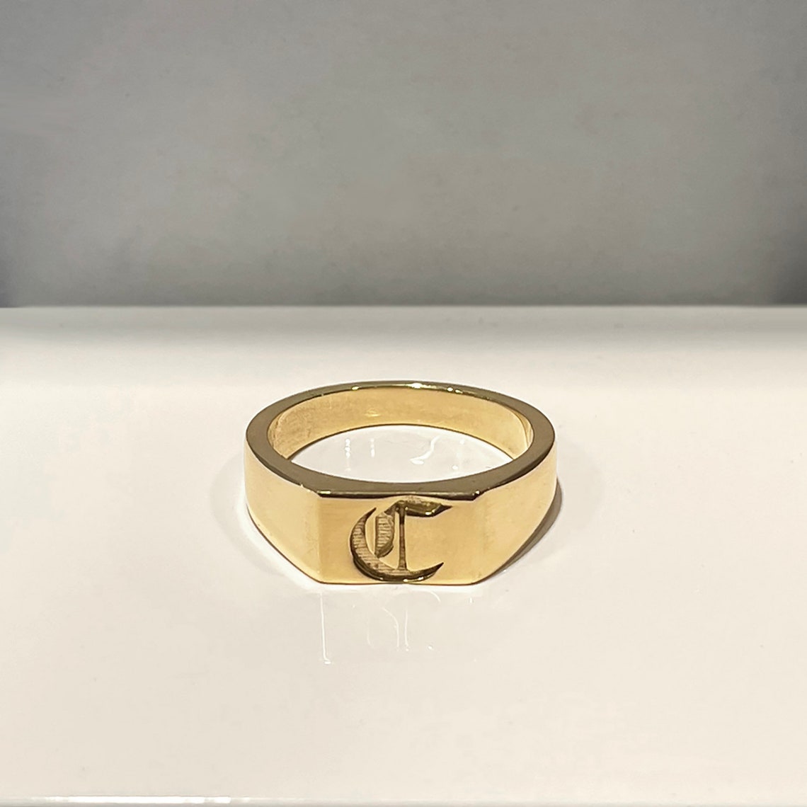 14K Solid Gold Old English Initial Signet Ring