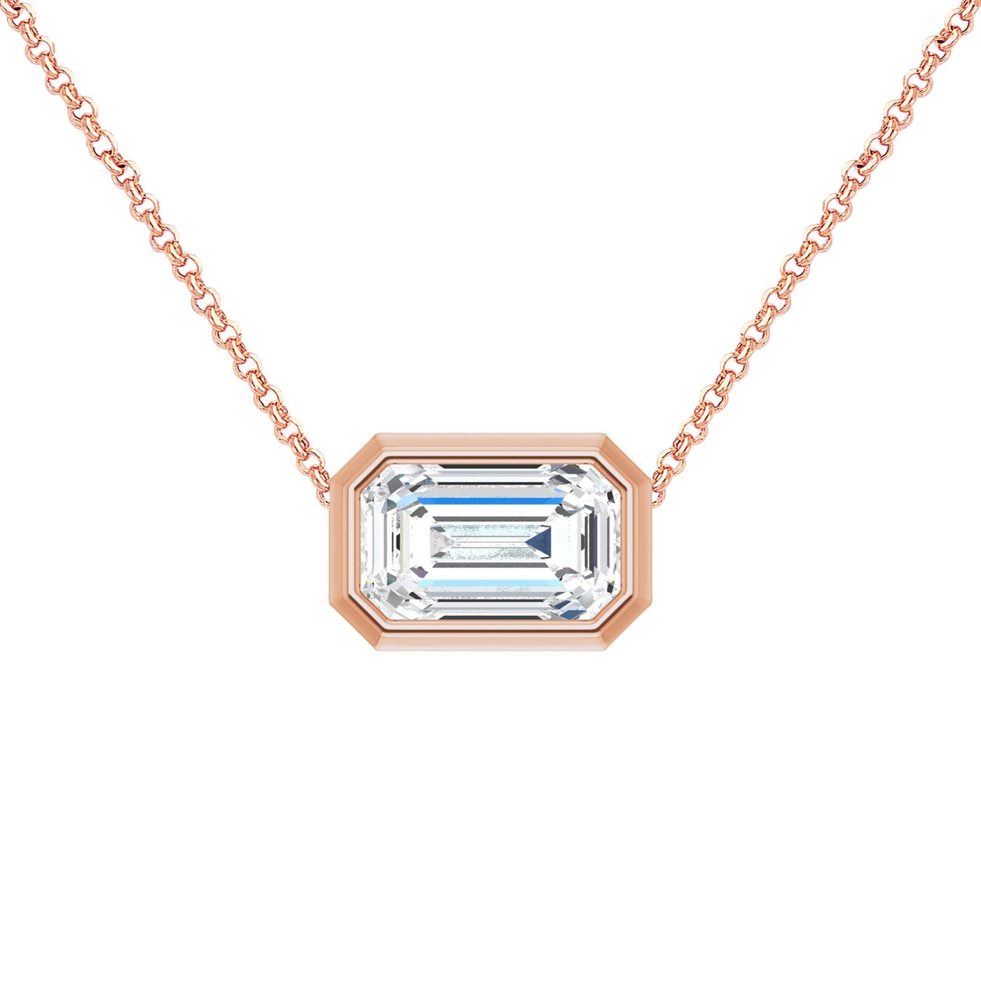 14K Gold East West Emerald-Cut Diamond Bezel Necklace