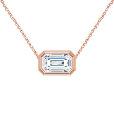 14K Gold East West Emerald-Cut Diamond Bezel Necklace