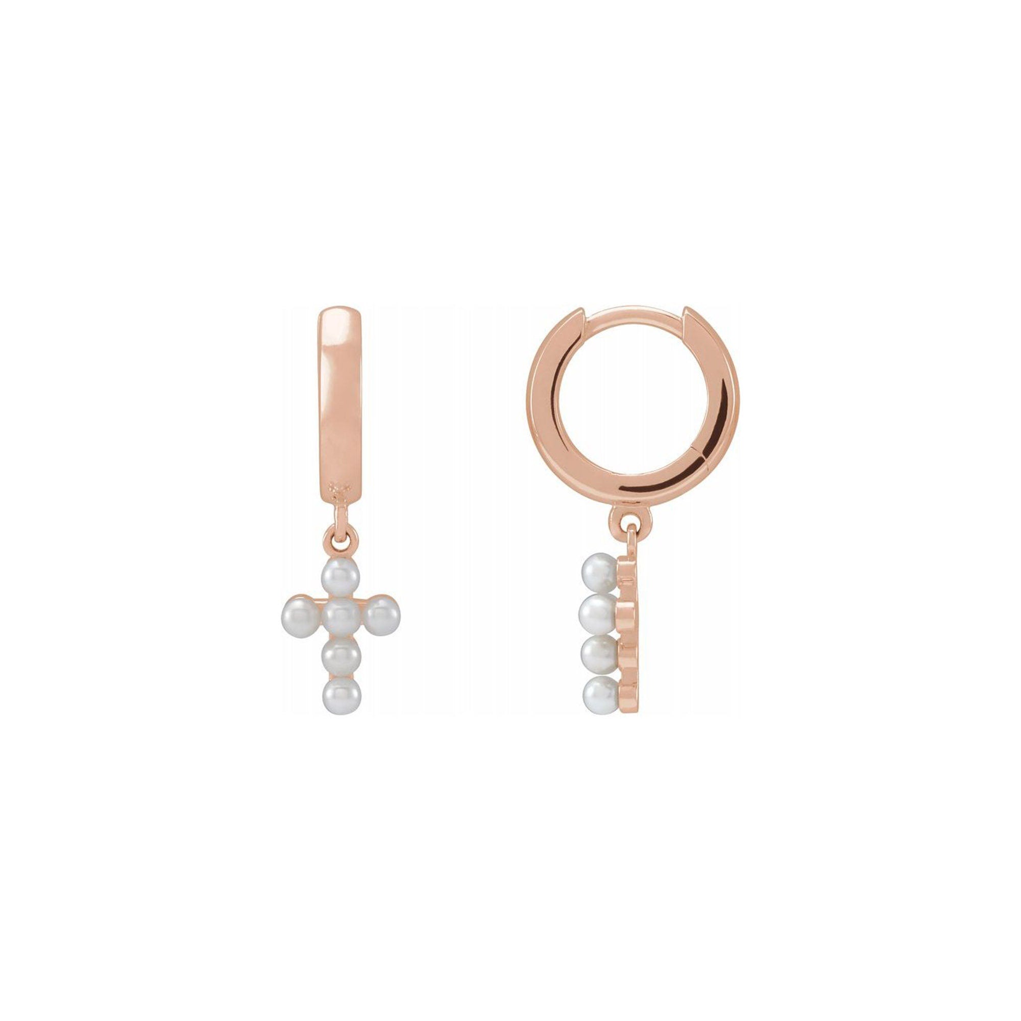 14K Solid Gold Cultured White Seed Pearl Cross Hoop Earrings