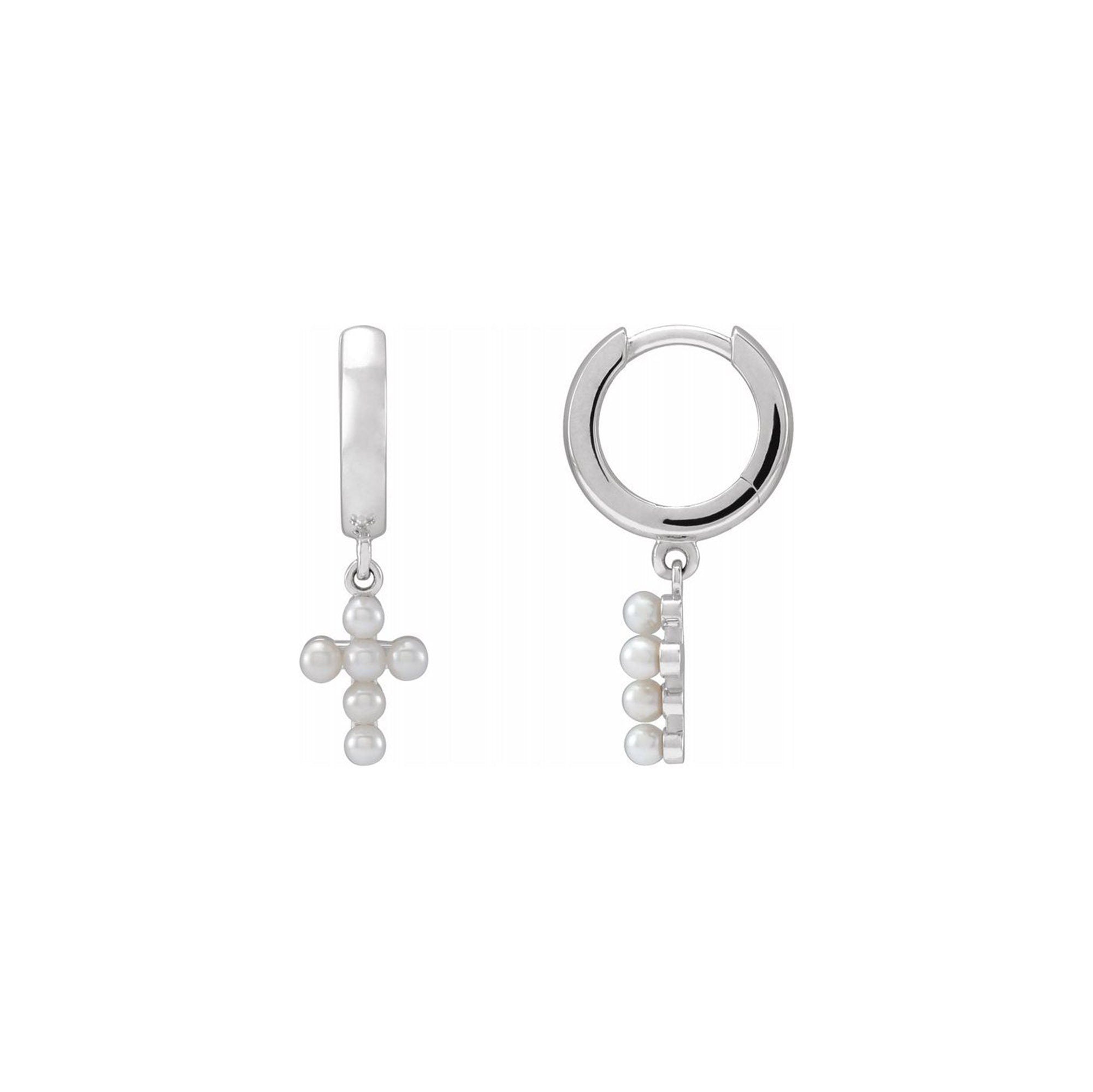 14K Solid Gold Cultured White Seed Pearl Cross Hoop Earrings