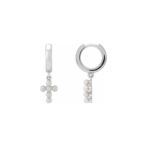14K Solid Gold Cultured White Seed Pearl Cross Hoop Earrings
