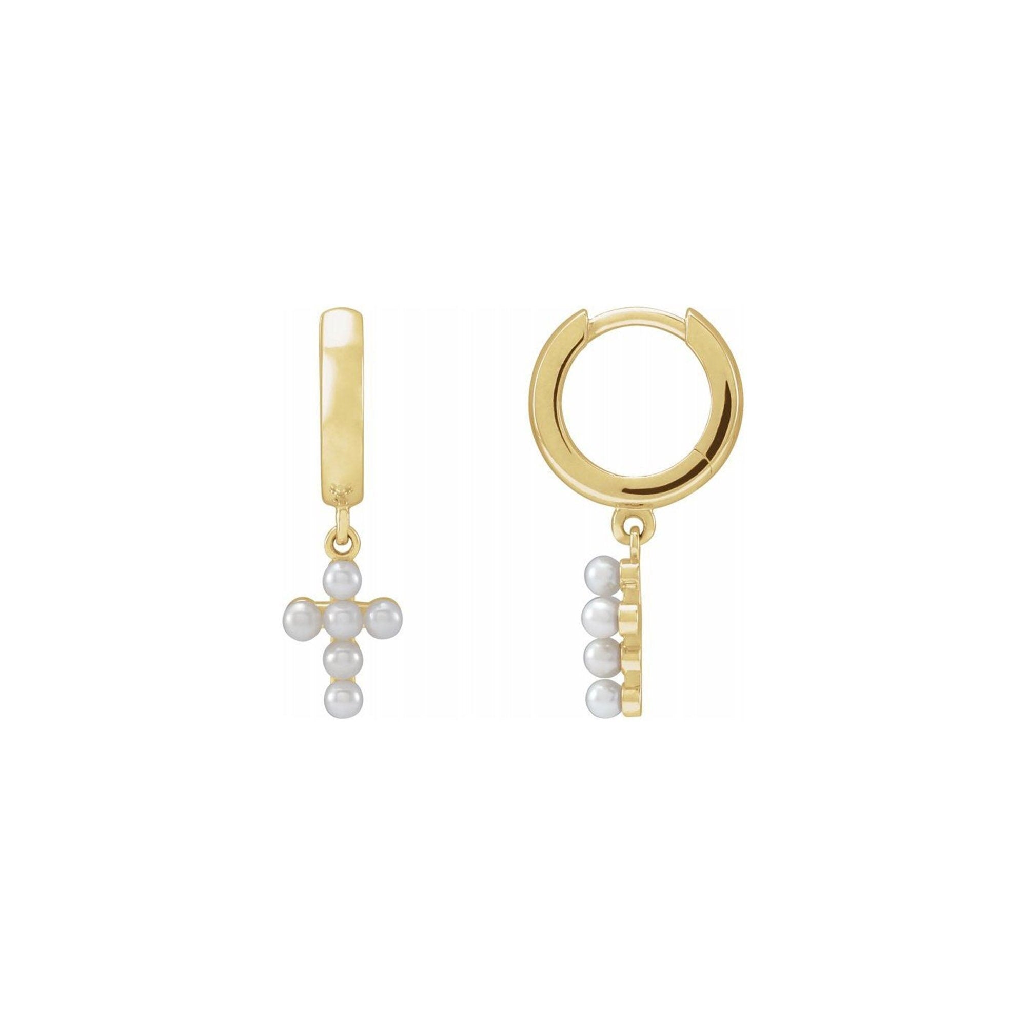 14K Solid Gold Cultured White Seed Pearl Cross Hoop Earrings
