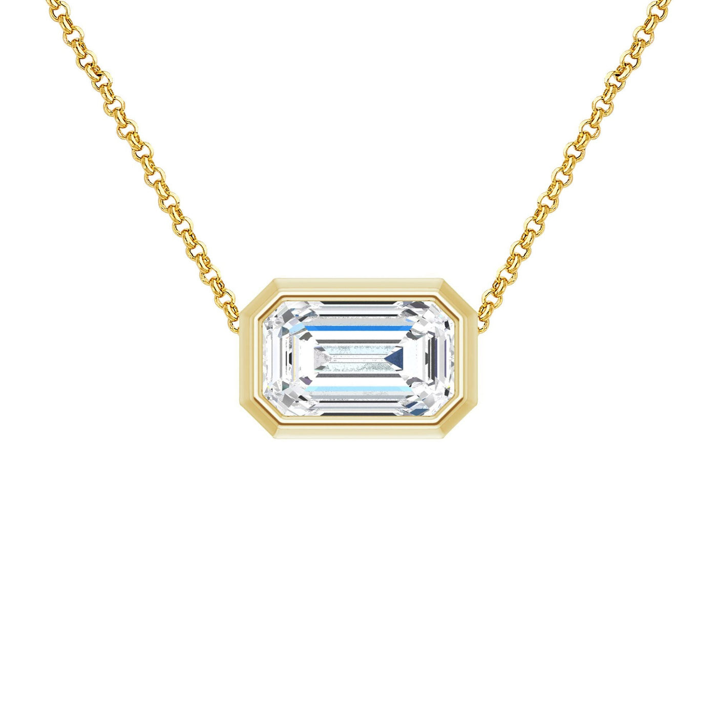14K Gold East West Emerald-Cut Diamond Bezel Necklace
